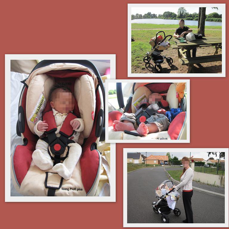 Martin nouveau-né (à gauche), Martin à 2 mois (au milieu), Avec papa (en haut), Avec maman (en bas) en poussette Babyzen Recaro